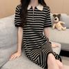 Nuevo vestido de punto a rayas con cuello polo y cremallera de verano para mujer, falda holgada de manga corta que cubre el abdomen y estiliza
