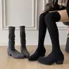 Botas de moda de punto de alta elasticidad para otoño e invierno con tacón grueso para aumentar la altura, Botas estilo coreano por encima de la rodilla tipo Martin con tacón alto y punta fina, efecto adelgazante