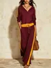 Conjunto feminino de duas peças transfronteiriço europeu e americano 2026 com acabamento amarelo contrastante, gola semiaberta, top com zíper e calça pantalona de cintura alta com caimento fluido