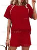 2026 Comercio Exterior Transfronterizo Europeo y Americano Primavera y Verano Nuevo Estilo Cuello Redondo Manga Corta Traje Elástico Shorts Deportivos Casuales Conjunto de Dos Piezas para Mujer