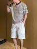 Camiseta de Manga Corta con Bloques de Color y Rayas Arcoíris Estilo Coreano para Hombres y Mujeres, Corte Relajado, Cuello Redondo, Hombro Normal, Manga Media, Camiseta Casual de Verano