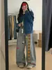 Jeans de Pierna Ancha con Parches de Cuadros y Bordado de Hongo Lindo de Dibujos Animados Americanos para Mujer Otoño Sueltos Adelgazantes de Largo Hasta el Suelo Modernos