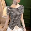 Camiseta de cuadros de seda brillante con cuello descubierto para mujer, manga corta, pata de gallo irregular, elegante, top pequeño, verano 2022, nueva
