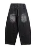 Jeans Nanxia Estilo Retrô Americano com Cintura Dupla, Patchwork, Desconstruído, Perna Larga, Calças Casuais Retas Largas para Homens
