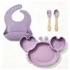 Juego de Alimentación para Bebé de Silicona de 4 Piezas, Plato con Ventosa de Cangrejo, Babero Impermeable, Kit de Vajilla Autoalimentaria Libre de BPA para Niños Pequeños