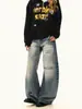 Jeans Vintage Lavado Desgastado Rasgado Unissex Tendência Cintura Média Flare Reto Solto High-End Desgastado