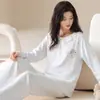Pijama de Algodão Puro para Primavera e Outono para Mulheres, Manga Longa, Calça Longa, Gola Redonda, Pulôver, Doce, Fofo, Desenho Animado, Pode Ser Usado Fora de Casa, Roupa de Casa