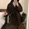 Chic estilo coreano invierno moda retro cuello alto estilo británico cordones cintura ceñida casual mezcla de lana gabardina chaqueta abrigo mujer