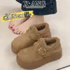 Sapatos Femininos Estilo Birkenstock com Cobertura Total em Couro, Solado Grosso, com Adição de Lã e Isolamento Espesso, Botas de Neve Quentes, Sapatos Slip-On de Algodão, Sapatos Peludos