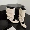 Botas Cuadradas Fruncidas Estilo Coreano First Encounter para Mujer, que Aumentan la Altura, de Media Pantorrilla con Hebilla de Cinturón, Botas de Moda Frescas de Uso Bidireccional para Verano