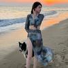 Novo Estilo Maiô Tie Dye Dividido Feminino Sexy Decote em V Profundo Saia Tie Dye Maiô Moda Blusa Alça Maiô Biquíni