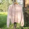 Cárdigan de punto para mujer, cuello en V, cepillado, de un solo botón, 100% cachemira pura, otoño e invierno, corte holgado, efecto adelgazante, con botones de perla