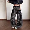 Jeans retrô americano com estampa de estrelas para mulheres, primavera e outono, bolsos de retalhos resistentes, perna larga, visual único desgastado, calças compridas de corte solto