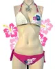 Traje de baño bikini de copa triangular estilo hawaiano tropical, top sin tirantes color blanquecino con estampado de patrón contrastante y parte inferior de atar