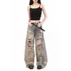 Calça jeans feminina em estilo designer com efeito desgastado, jeans reto casual loose retro americano rasgado