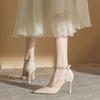Sandálias de Tira Única Estilo Novo 2025 para Mulheres, Sapatos Stiletto de Bico Fino com Saias, Salto Alto com Design Vazado Estilo Fada