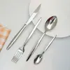 Nuevo juego de cubiertos de acero inoxidable con mango de punta de Amazon de 18/24 piezas para uso doméstico, juego de cuchillo para bistec, tenedor y cuchara de color dorado