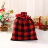 Bolsa de lino y poliéster con bolsillo a cuadros rojos y negros para Navidad, bolsa para guardar dulces y galletas, bolsa de regalo con cordón