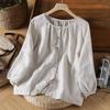 Top Original de Cáñamo de Manga Siete Puntos para Mujer Verano Artístico Retro Suelto Reductor de Edad Temperamento