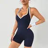 Shein Amazon Macacão Yoga Color Block com Gola Halter Costas Bonitas para Mulheres, Bumbum de Pêssego, Decote Coração, Macacão Fitness Shorts