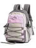 Mochila de senderismo funcional estilo japonés en morado taro y gris, versión para pareja con bloques de color y múltiples puntos de sujeción para almacenamiento en camping al aire libre