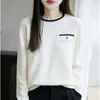 Tricô Redondo Estilo Coreano 2025 para Mulheres com Cores Contrastantes para Primavera, Outono e Inverno Novo Look Solto Emagrecedor Camiseta de Base Top de Algodão Engrossado