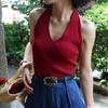 Camisola Halter Roja para Chicas Hot Sin Espalda para Mujer Verano Fondo Top de V-cuello sin Mangas de Gama Alta para Mujer