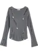Suéter Rasgado com Contas Estilo Francês para Mulheres, Camisa Básica Tricotada com Manga Sino para Outono e Inverno com Top Irregular Ajustável na Cintura