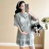 Traje de Verano 2025 para Mujeres Embarazadas Traje Coreano Holgado Casual Bordado Puntada de Encaje Conjunto de Dos Piezas para Mujeres Embarazadas