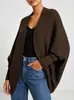 Cardigan suéter casual estilo coreano na cor café com mangas morcego para mulheres, modelagem solta, tricô de alta qualidade para outono e inverno