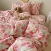 Estampado de Gatito de Dibujos Animados Tela tipo Nube Clase A Juego de Sábanas y Funda de Edredón de Cuatro Piezas para Cama de Dormitorio Juego de Tres Piezas Ropa de Cama para Niños