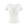 Top Atractivo y Puro de Chica Caliente con Cuello en V Profundo, Botones, Adelgazante, Ceñidor de Cintura, Manga Corta, Nueva Camiseta Corta de Verano para Yoga, Fitness, Running