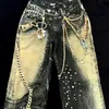 Subcultura High Street Americana Marca Tendência Design Personalizado Impressão 3D Calça Jeans Lavada de Corte Solto Wide-Leg para Homens e Mulheres