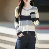 Cardigan de Punto Fino de Lana a Rayas Nuevo Otoño/Invierno 2026 para Mujer, Cuello Redondo, Manga Larga, Abrigo Superior Color Block