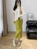 Saia Plissada Estilo Miyake Verão 2024 Saia Plissada Verde para Mulheres com Fenda, Saia Petite de Cintura Alta com Barra Larga