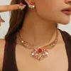 Colar com Pingente de Coração Vazado Exagerado Conjunto de Brincos Moda Feminina Liga de Metal Flor Joias de Noiva