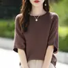 Fornecida diretamente pelo fabricante, camiseta feminina versátil de algodão 100%, gola redonda, manga curta, para primavera/verão, corte slim, cor sólida, peça básica simples e elegante