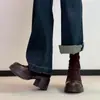 Botas Finas da Moda com Patchwork e Solado Grosso para Mulheres 2025 Novo Modelo com Zíper nas Costas, Salto Bloco de Camurça e Botas Curtas Elásticas