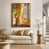 Luz y sombra relajantes para sala de estar, pintura decorativa para baño, ventana falsa estilo francés para ampliar la sensación de espacio, arte de pared con temática de plantas para dormitorio