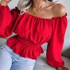Liquidação: Blusa Feminina de Chiffon Sexy Nova Outono/Inverno Estilo Instagram, Ombro a Ombro, Barra Franzida, Moda Transfronteiriça