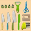 Juego de Cuchillos de Cocina de Plástico para Niños, Moldes para Galletas, Delantal Estampado de Papa, Guantes, Cuchillo Ondulado para Papa, Tabla de Cortar, Traje