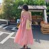 Tecido Chiffon Plissado Verão Novo Estilo Férias na Praia Doce Rosa Vestido Longo de Alça Vestido Feminino com Decote U