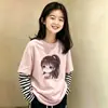 Camiseta de manga larga para niña 2026 nuevo estilo de otoño, top a rayas de algodón puro elegante y lindo con un diseño de dos piezas simulado