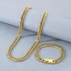 Cadena de látigo de caballo estilo hip-hop, cadena tejida doble con botones de patrón de engranaje cuadrado, juego de pulsera y collar de acero inoxidable