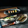 Plato Cerámico Vintage Estilo Japonés para Pescado al Vapor Doble Asa Patrón Vertical Ovalado Largo Plato para Restaurante Forma de Huevo Plato para Comedor del Hogar Disponible
