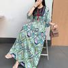 Estilo étnico transfronteiriço saia longa cintura alta meia manga grande saia balanço gola meia manga saia de praia plus size vestido de seda de algodão