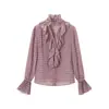 Venta al por mayor de ropa para mujer estilo europeo y americano transfronteriza, camisa de gasa estampada estilo commuter con capas plisadas y manga acampanada
