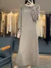 Falda larga por encima de la rodilla con dobladillo, cuello descubierto, sencilla, de color sólido, con flores tridimensionales, holgada, informal, de punto de lana para mujer