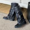 Botas con Hebilla de Cinturón de Suela Gruesa, Puntera Cuadrada Redonda, Plisadas para Mujer, Nuevas, Dulces, Frescas, Chica Caliente, Apilables, Botas de Pantalón, Botas de Caballero para Mujer