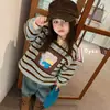 Moda Infantil Otoño e Invierno Nuevo Estilo Coreano Rayas Forro Polar Casual con Capucha Peluda para Niños y Niñas Dibujos Animados Grueso